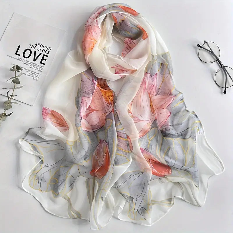 Foulard à Fleurs Élégant en Mousseline Blanc - Accessoire Léger et Raffiné pour Femme