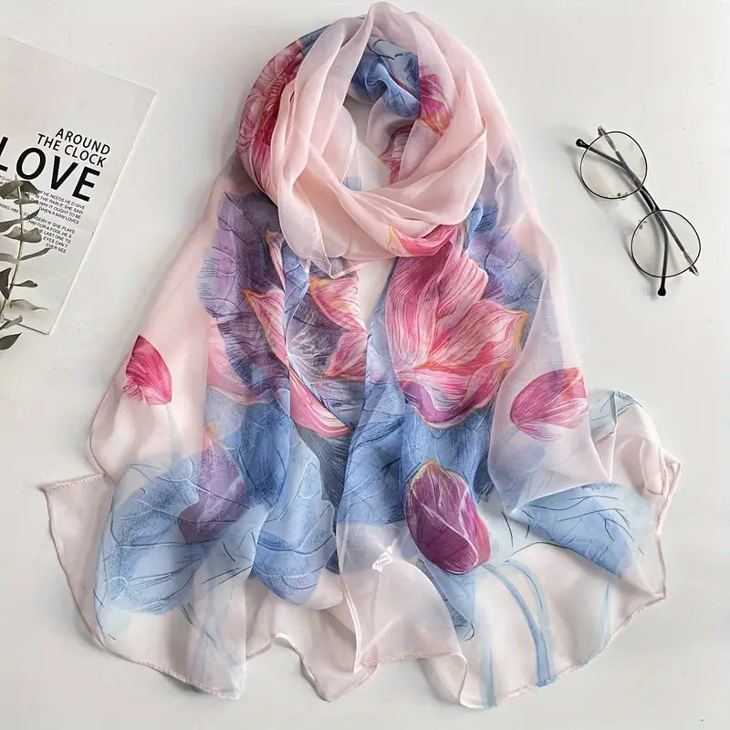 Foulard à Fleurs Élégant en Mousseline Rose - Accessoire Léger et Raffiné pour Femme