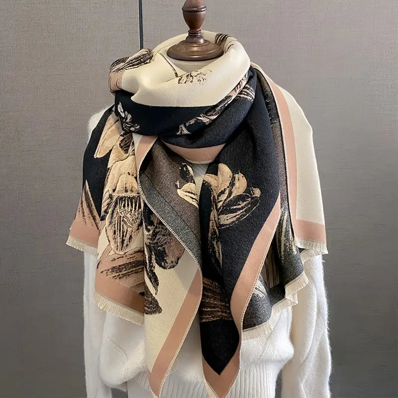 Foulard Élégant à Motifs Floraux Beige - Accessoire chic et tendance