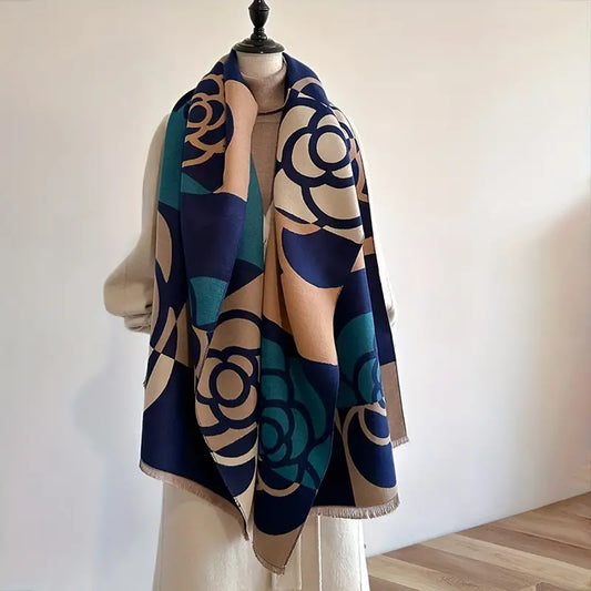 Écharpe Jacquard Bleu Motifs Floraux - Style Audacieux et Confort