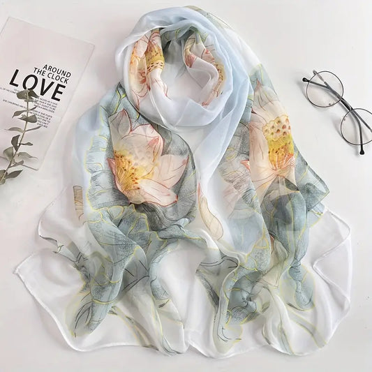 Foulard à Fleurs Élégant en Mousseline Bleu - Accessoire Léger et Raffiné pour Femme